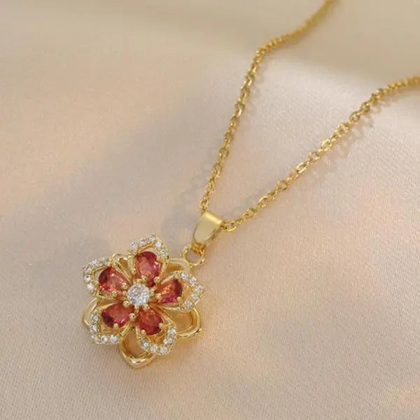 Spinning Redbud Flower Pendant Clam Necklace